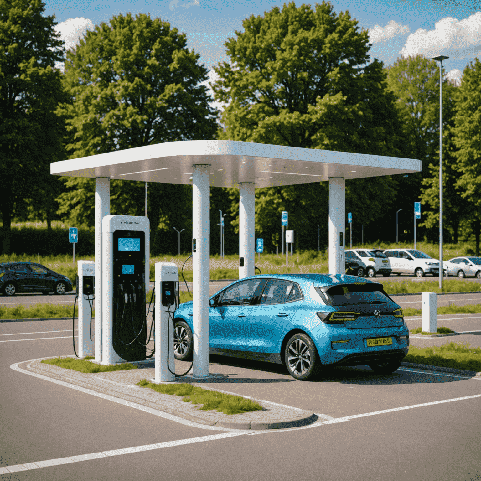 Moderne snellaadstation langs de Nederlandse snelweg met meerdere laadpunten en wachtende elektrische auto's