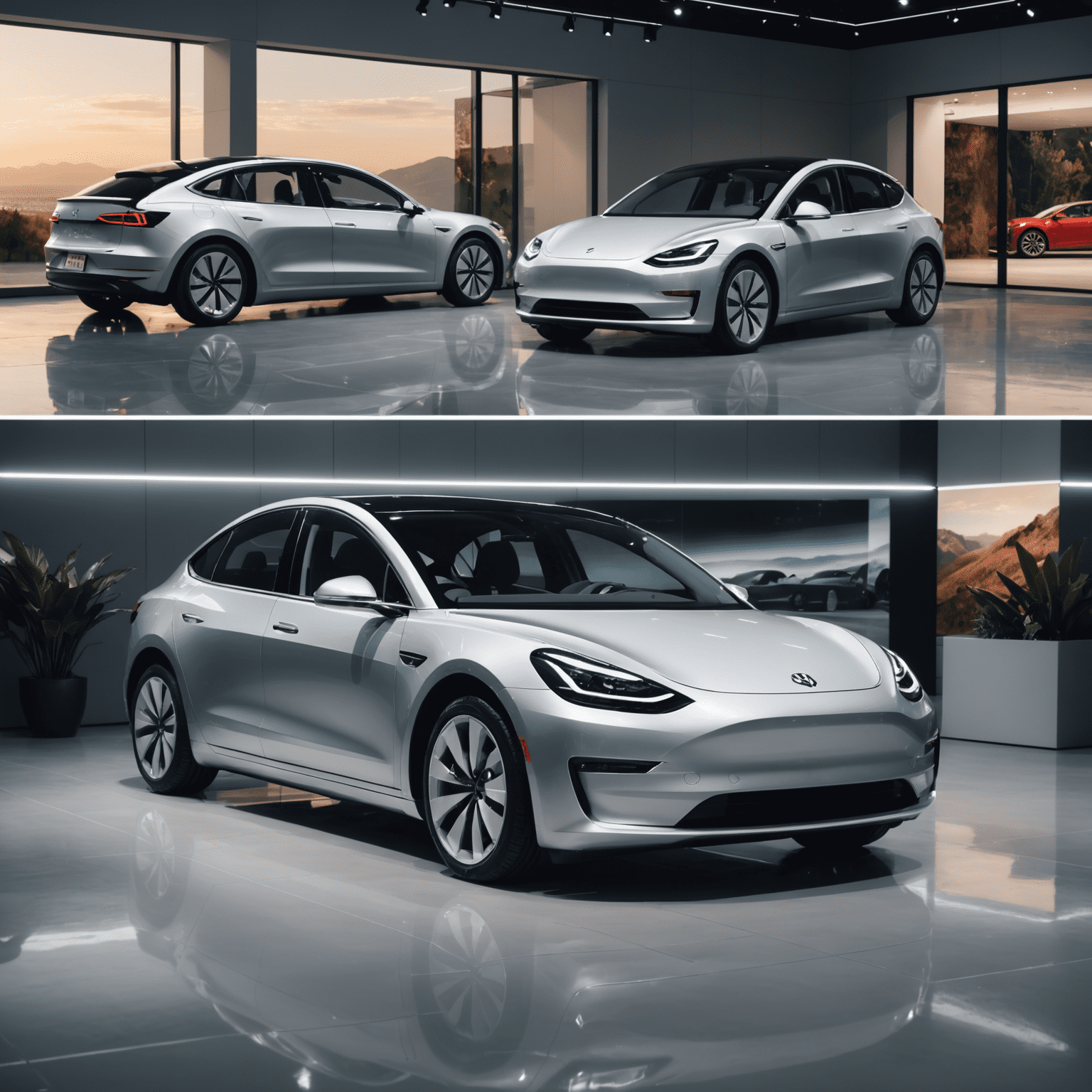 Een split-screen afbeelding met links een zilveren Tesla Model 3 en rechts een witte Volkswagen ID.4, beide in een futuristische showroom setting met dramatische verlichting