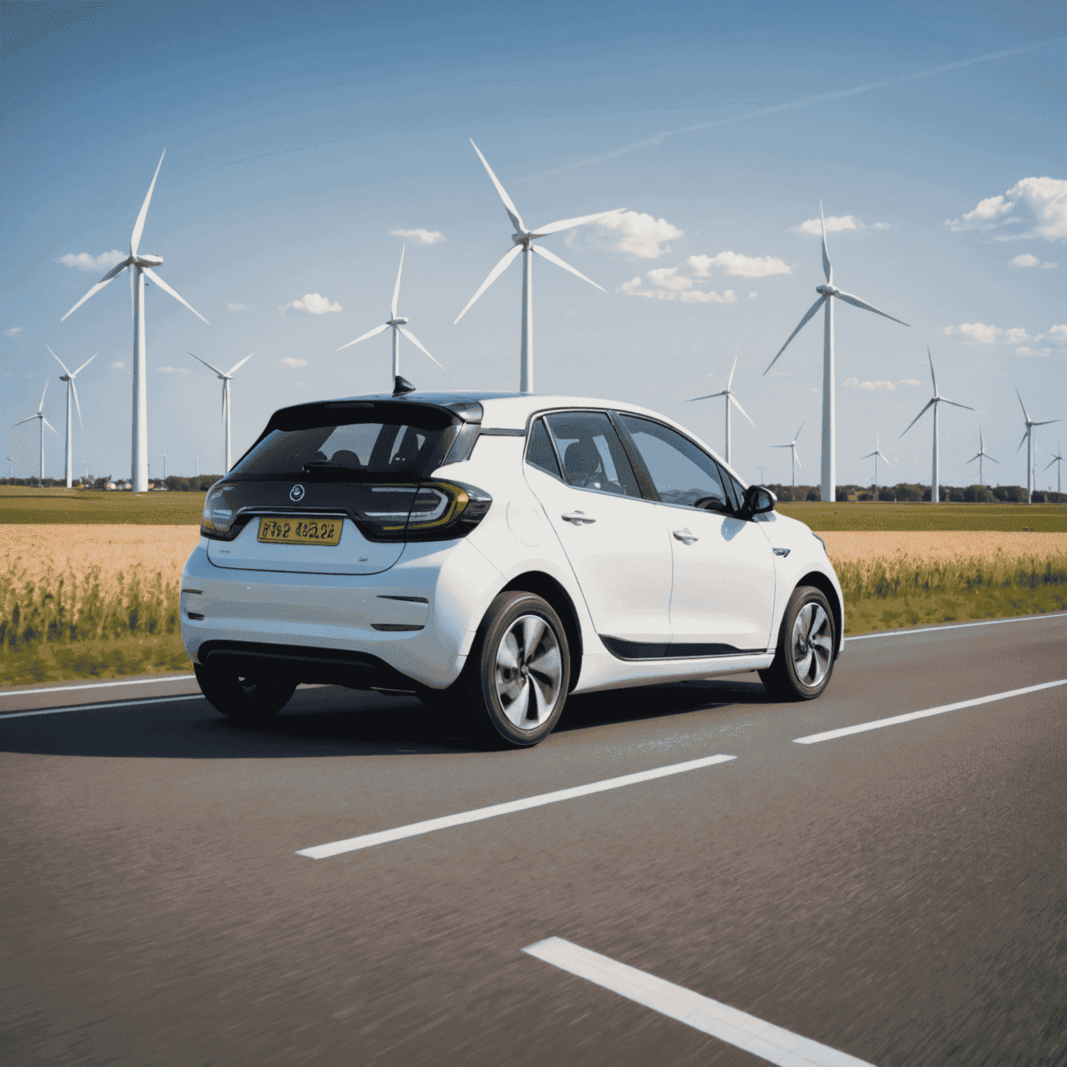 Een moderne elektrische auto op een Nederlandse weg met windmolens op de achtergrond, wat de overgang naar duurzame mobiliteit symboliseert