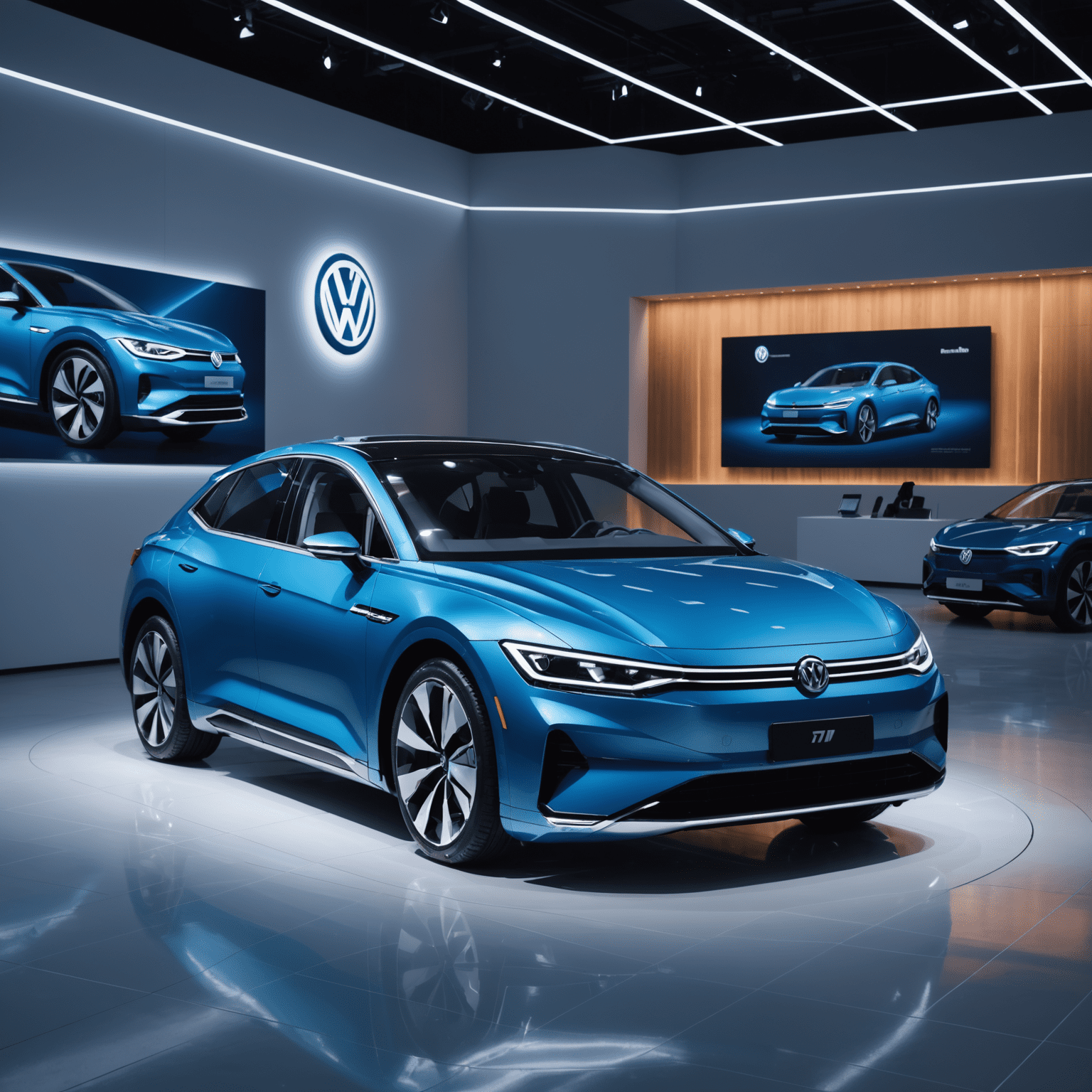 Een elegante Volkswagen ID.7 in metallic blauw, getoond in een futuristische showroom met LED-verlichting die de aerodynamische lijnen accentueert