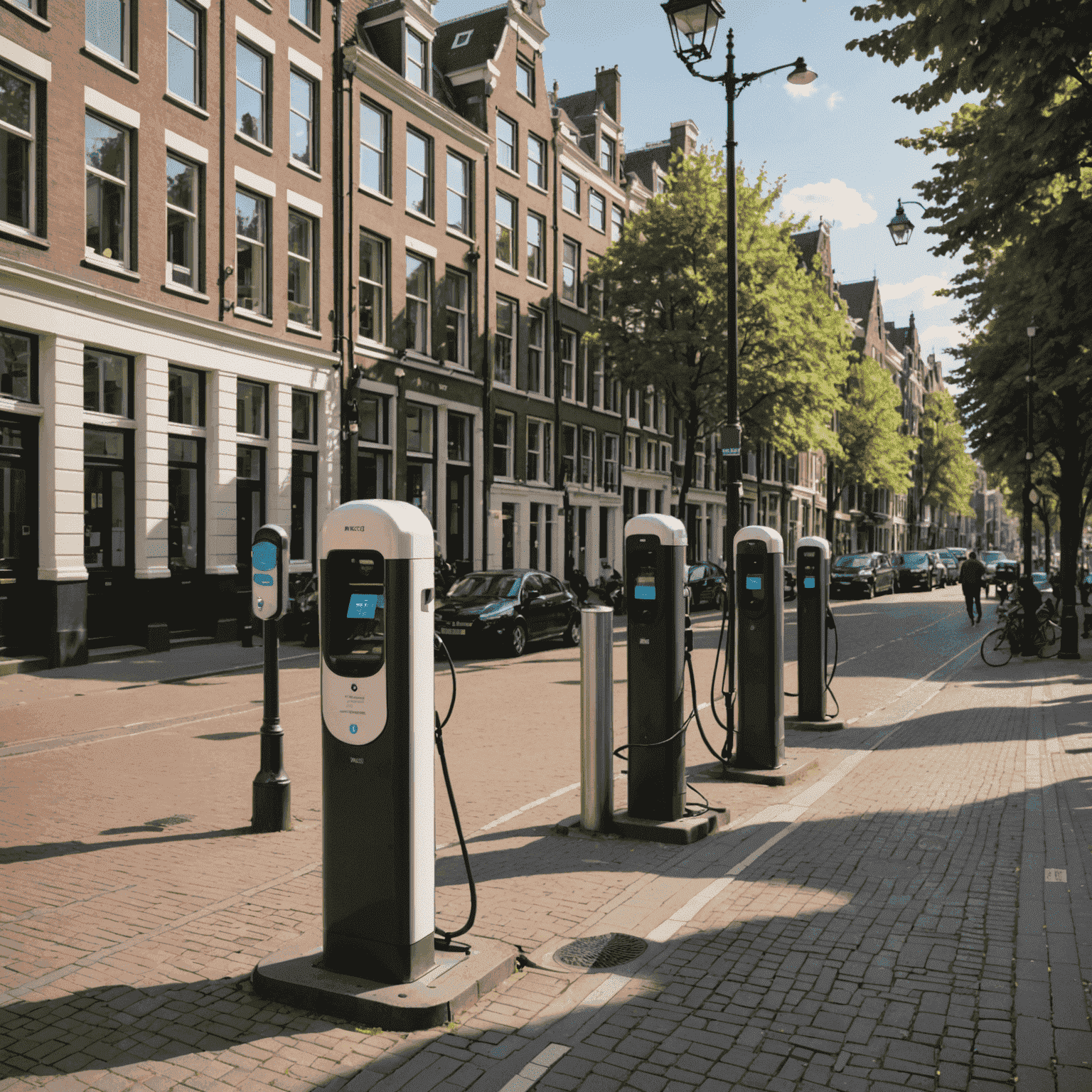 Straatbeeld van Amsterdam met geïntegreerde laadpalen in lantaarnpalen en parkeermeters