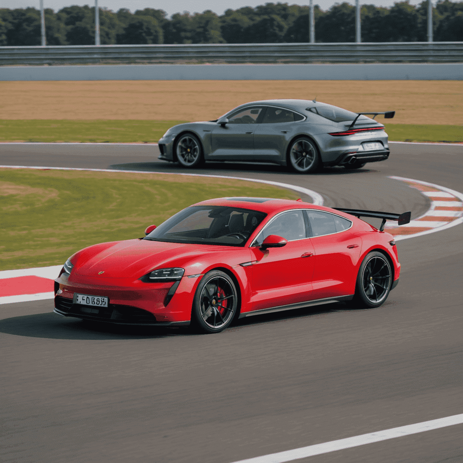 Een dynamische zij-aan-zij vergelijking van een rode Porsche Taycan en een grijze Audi e-tron GT, racend op een circuit met motion blur effect om snelheid te benadrukken