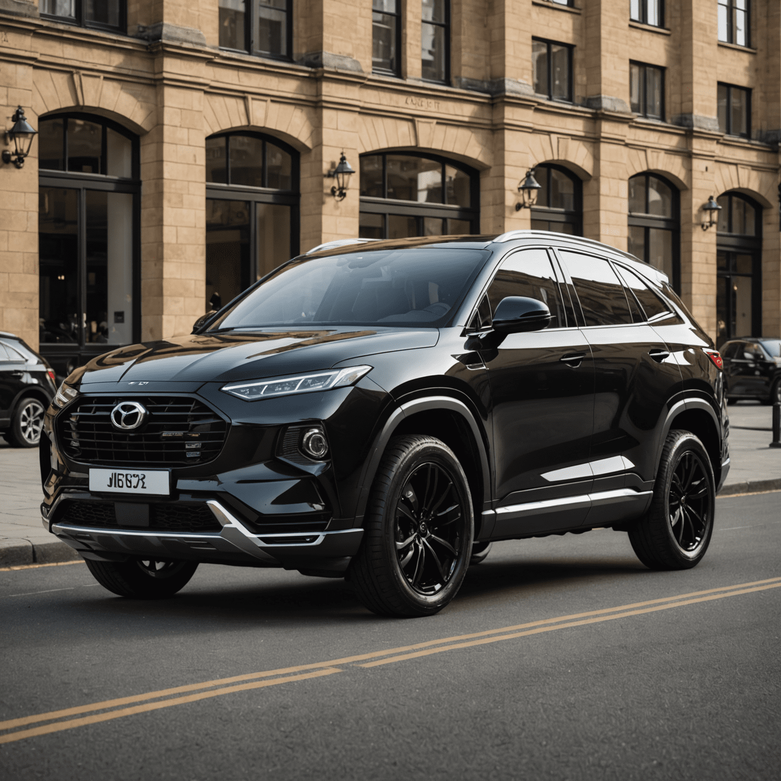 Een robuuste hybride SUV met een hoogglans zwarte afwerking, grote lichtmetalen velgen en een opvallende grille