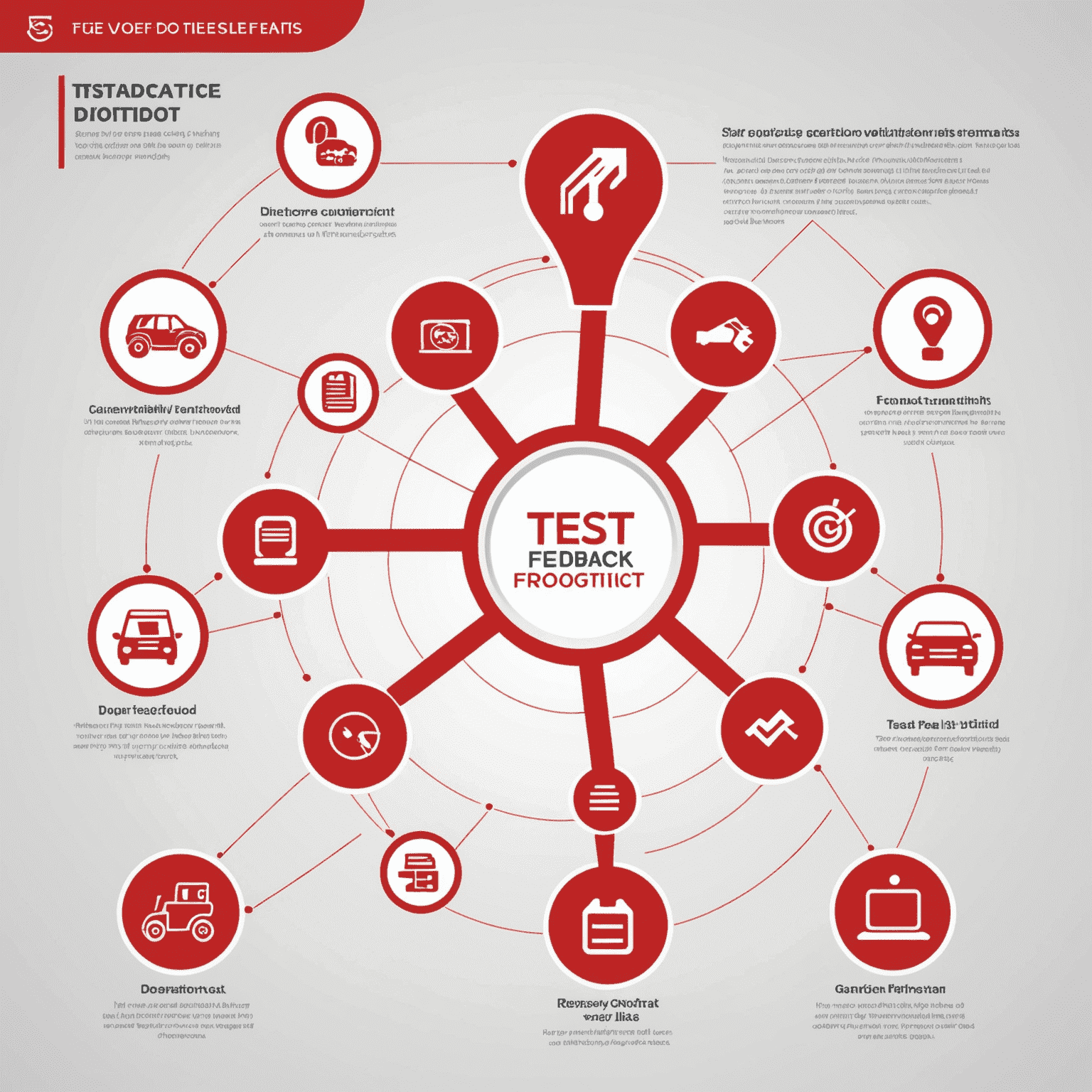 Een infographic die het feedbackproces visualiseert, van proefrit tot persoonlijk advies. De afbeelding toont vijf stappen met iconen voor proefrit, feedback geven, analyse, aanbevelingen en nabespreking, verbonden door dynamische lijnen in VoltDrom's kenmerkende rode kleur.