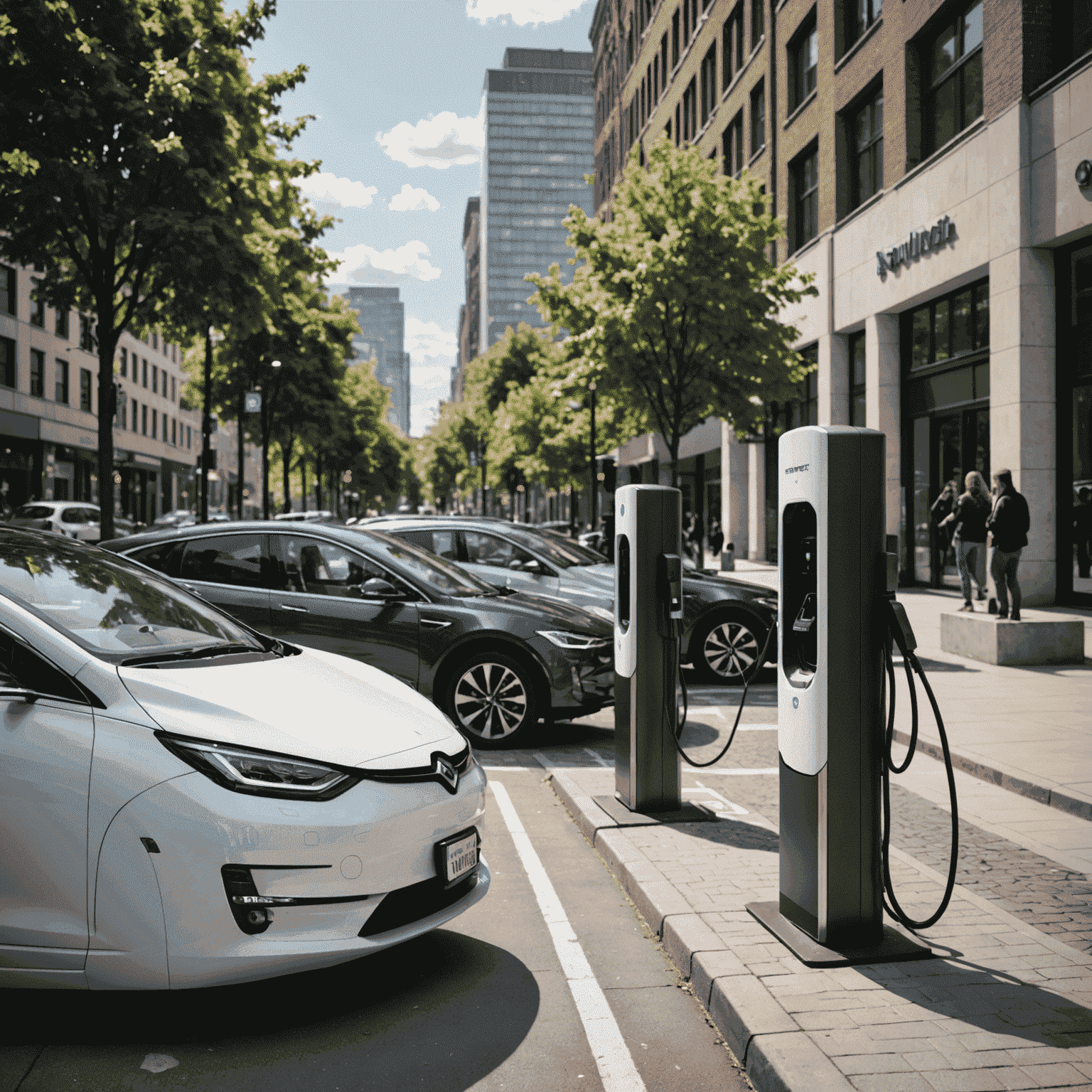 Moderne EV-laadstations in een stedelijke omgeving, met gebruikers die hun voertuigen opladen