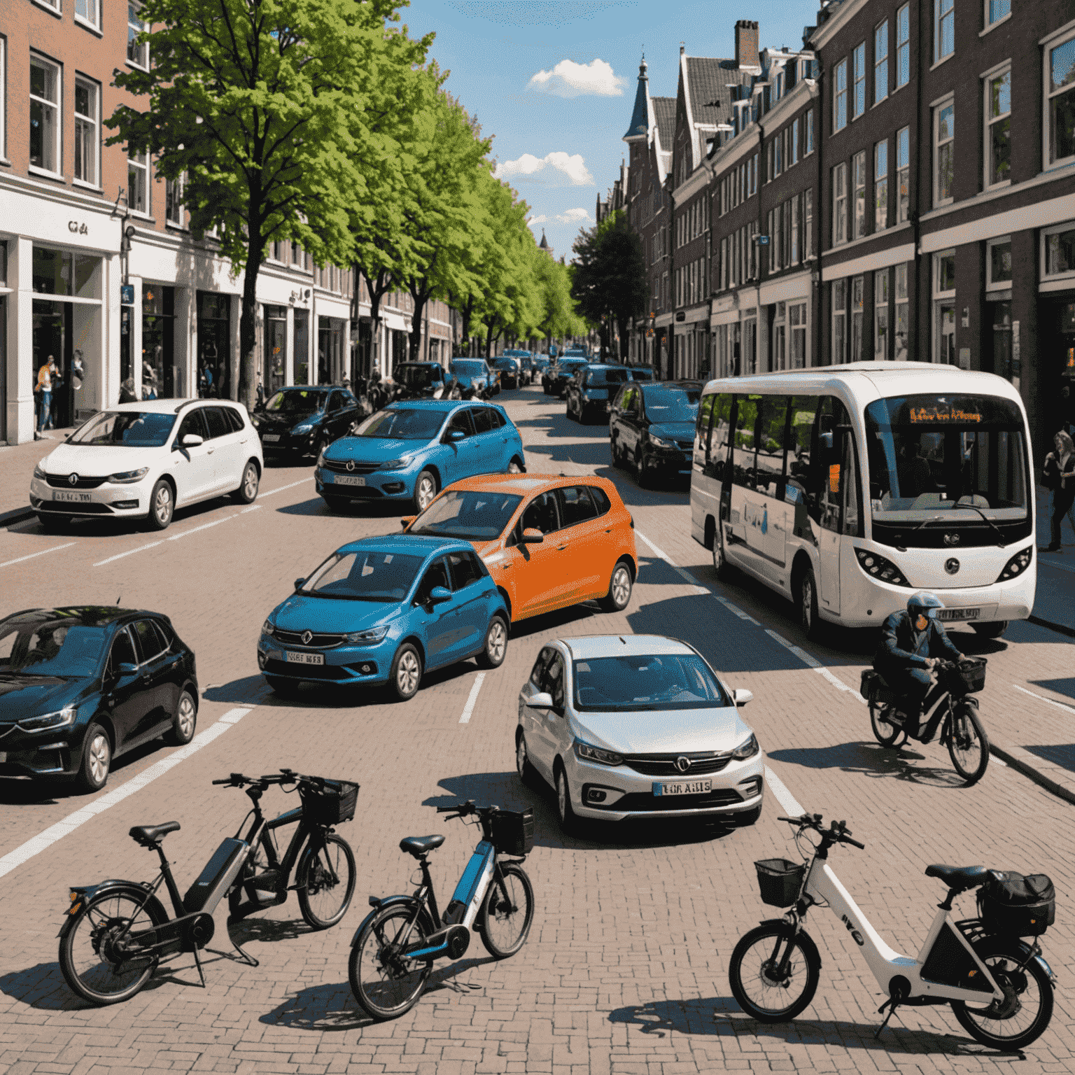 Een collage van verschillende mobiliteitsdiensten in een Nederlandse stad, waaronder deelauto's, e-bikes en openbaar vervoer