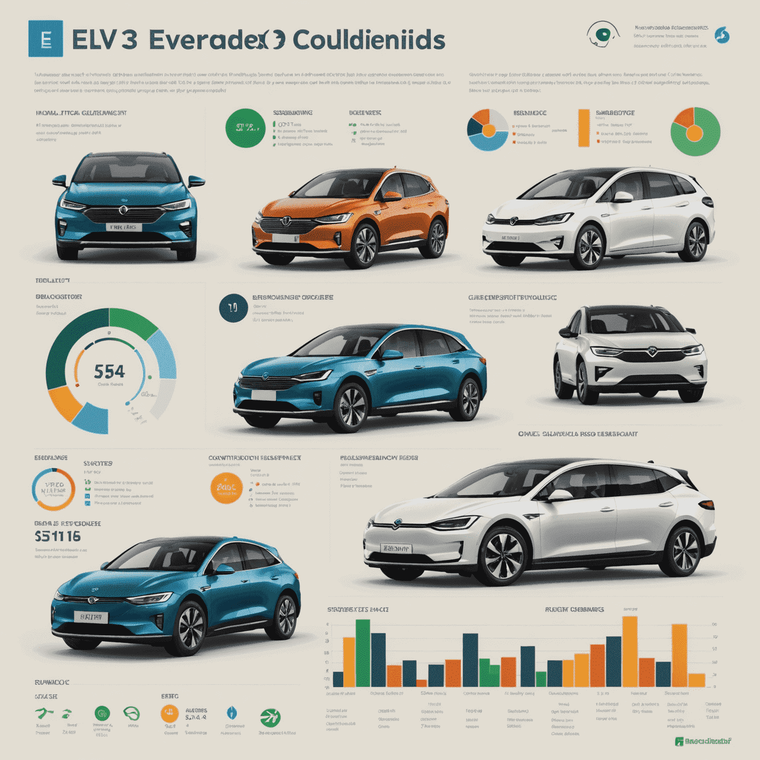 Infographic met vergelijkingen van verschillende EV-modellen, met grafieken en prestatiestatistieken