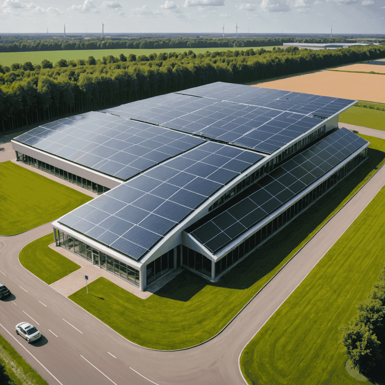 Een moderne, duurzame autofabriek in Nederland met zonnepanelen en groene omgeving